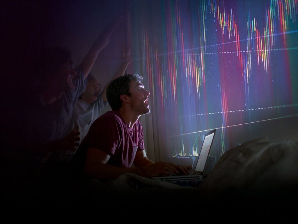 A dramatic, high-energy scene of a trader sitting at a desk, focused on their laptop with a live trading contest interface. Behind them, a digital backdrop shows a global leaderboard ticking live, glowing charts, and dynamic lighting conveying a fast-paced, real-time competition. The mood is electric and immersive.