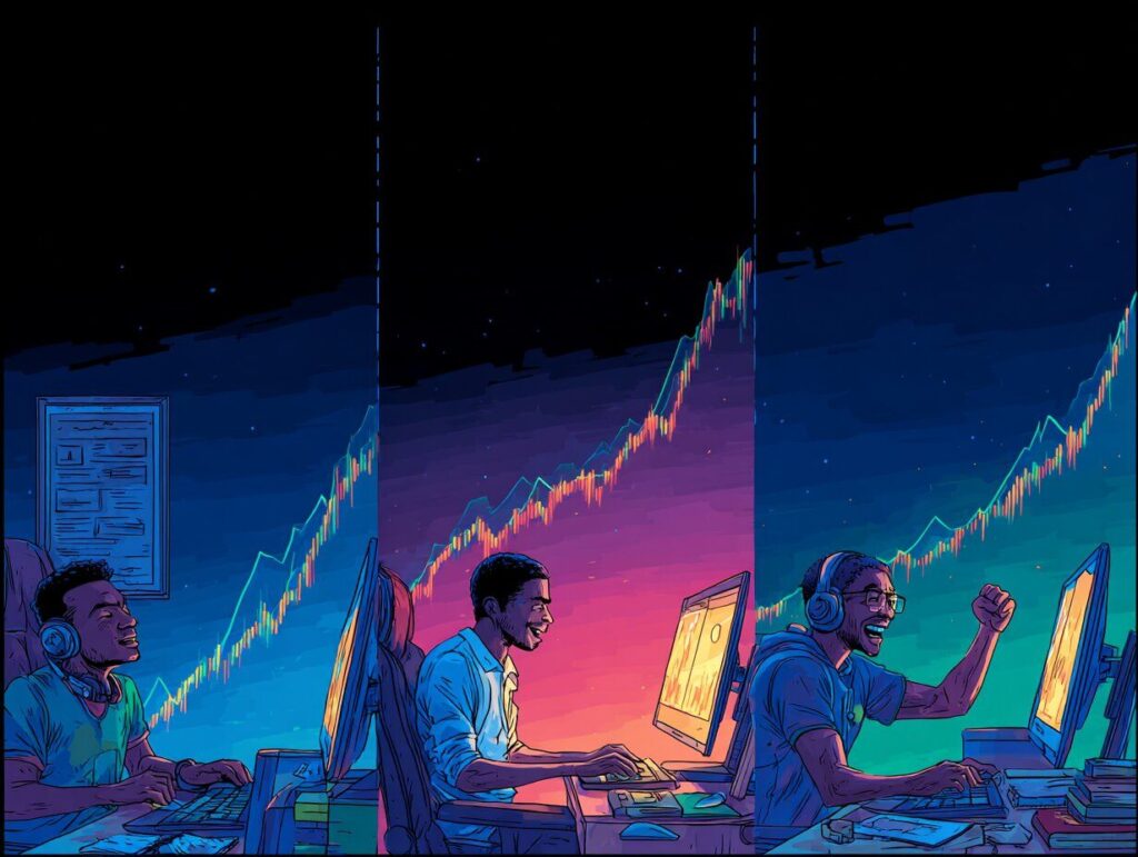 A timeline-like scene showing the same trader across three moments: 1. Nervous but hopeful during their first trade 2. Focused and learning from data 3. Celebrating a first win with a small fist pump and a notification popup on screen. Each stage is subtly connected with glowing lines, symbolizing progress and growth.