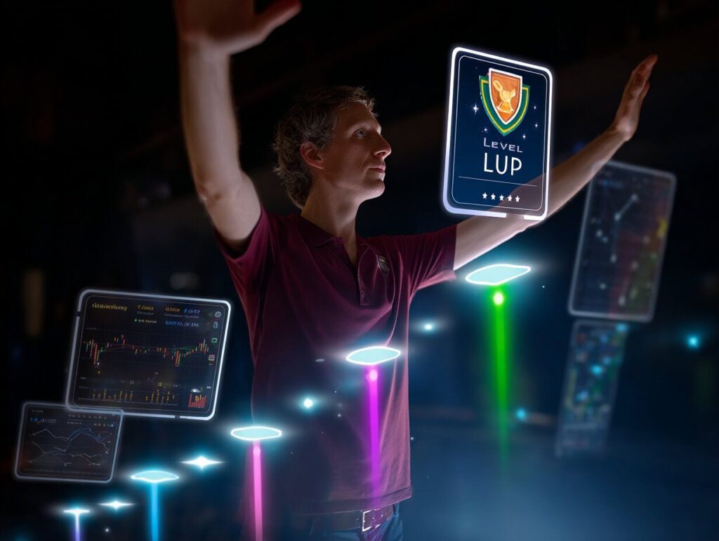 A user in a modern workspace receiving a virtual "Level Up" badge on their screen, surrounded by digital charts and market data. Their face is lit with pride. Behind them: symbolic elements like stepping stones or a glowing path, representing progress and mastery.