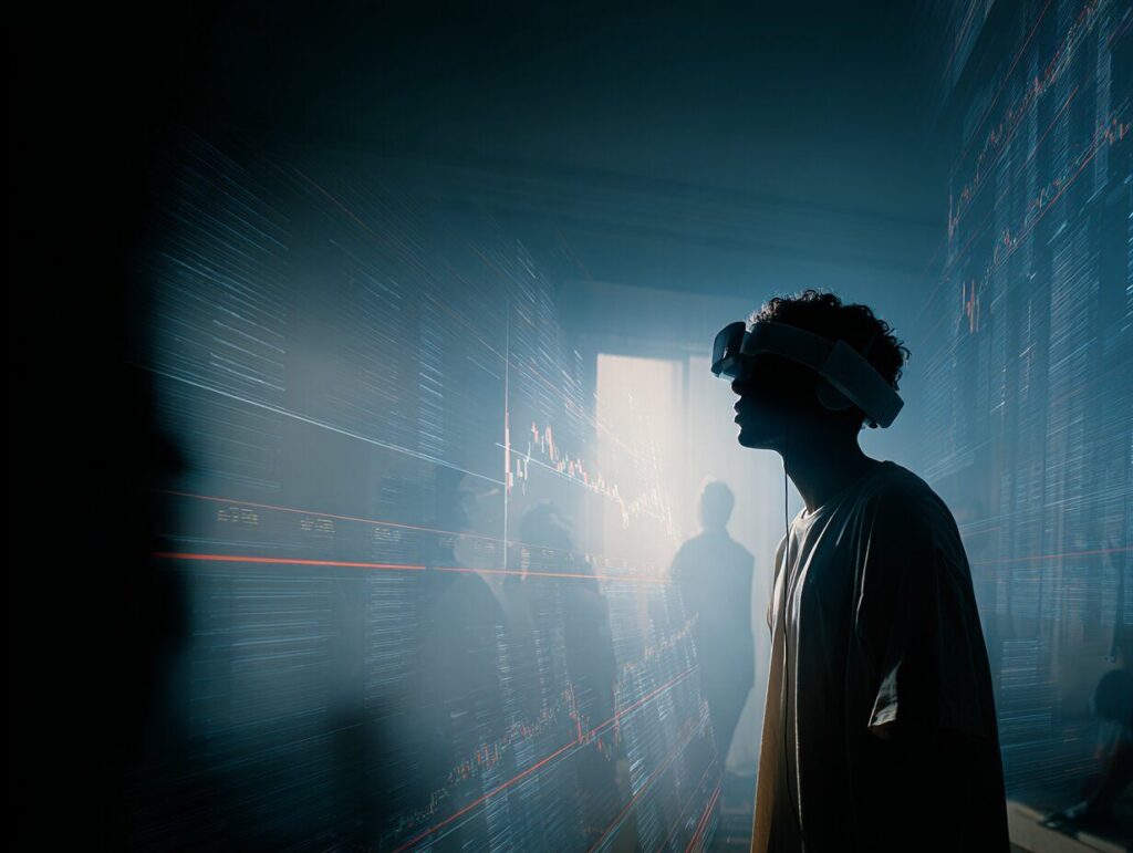 A user in a sleek digital environment surrounded by floating, holographic market charts, practicing simulated trades. The mood is focused, immersive, and empowering a virtual dojo for traders.