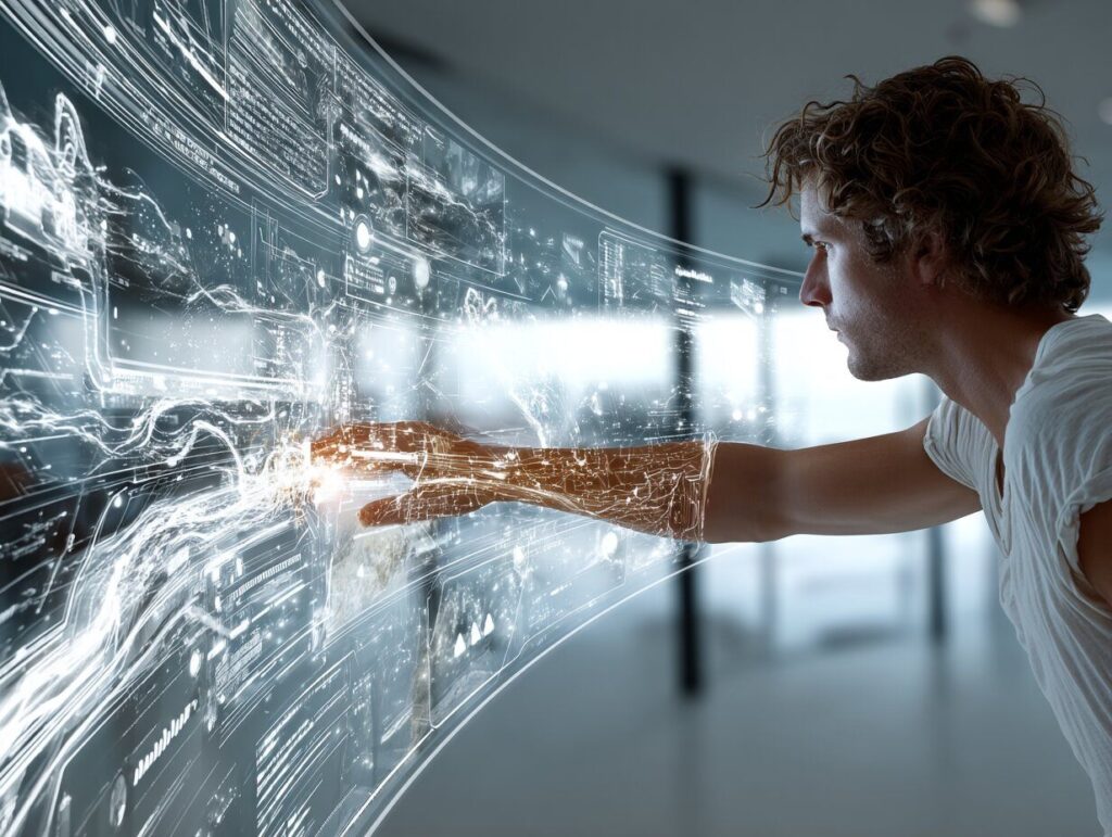 A side view of a man using a transparent, curved trading screen in a bright modern room he navigates easily with one hand, the interface highlighting simplicity and flow, relaxed body language, human-first interaction, 3D futuristic setting