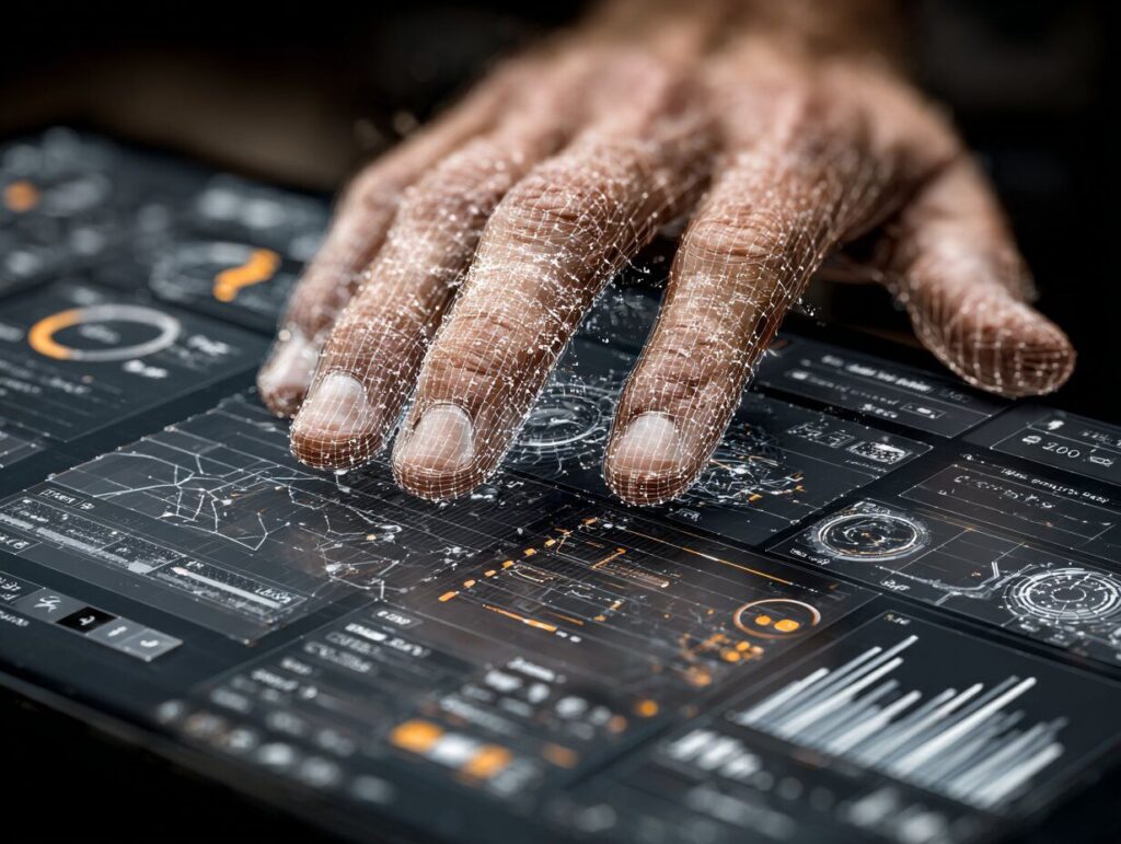 A user interacting with a touchscreen tablet that morphs into a transparent 3D interface, where simplified trading tools light up as they’re touched, facial expression showing clarity and confidence, realistic setting, tech meets human simplicity, cinematic style