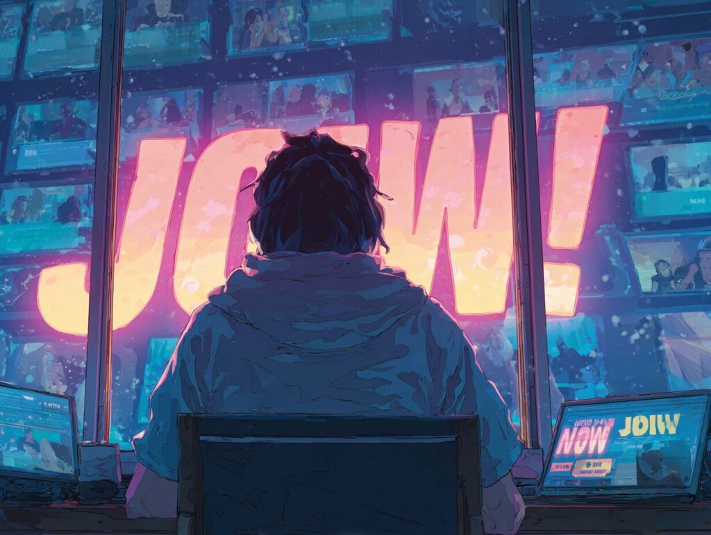 A young adult sitting in front of a screen displaying a vibrant countdown to a TradeMania trading tournament, their hand hovering over a glowing "Join Now" button. The screen shows live participants joining in real time. The person looks eager, the room subtly lit by the screen glow, symbolizing anticipation and action.