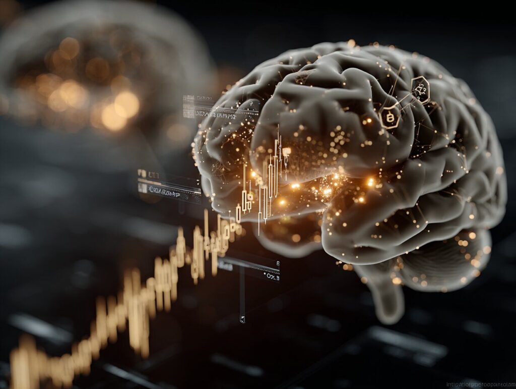 A human brain made of digital trading icons, candlestick charts, and floating knowledge nodes glowing wires connecting tutorials and strategy symbols, symbolic of deep learning in a gamified finance environment, dramatic lighting, ultra-detailed, futuristic 3D concept art