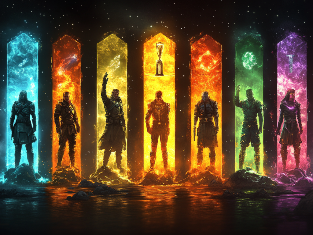 A visual progression of a trader leveling up through tournaments--from a beginner learning through tutorials to winning a trophy on stage, passing through challenges, market charts, and team interactions, each stage glowing brighter, clean stylized progression scene, digital art, 4K resolution

