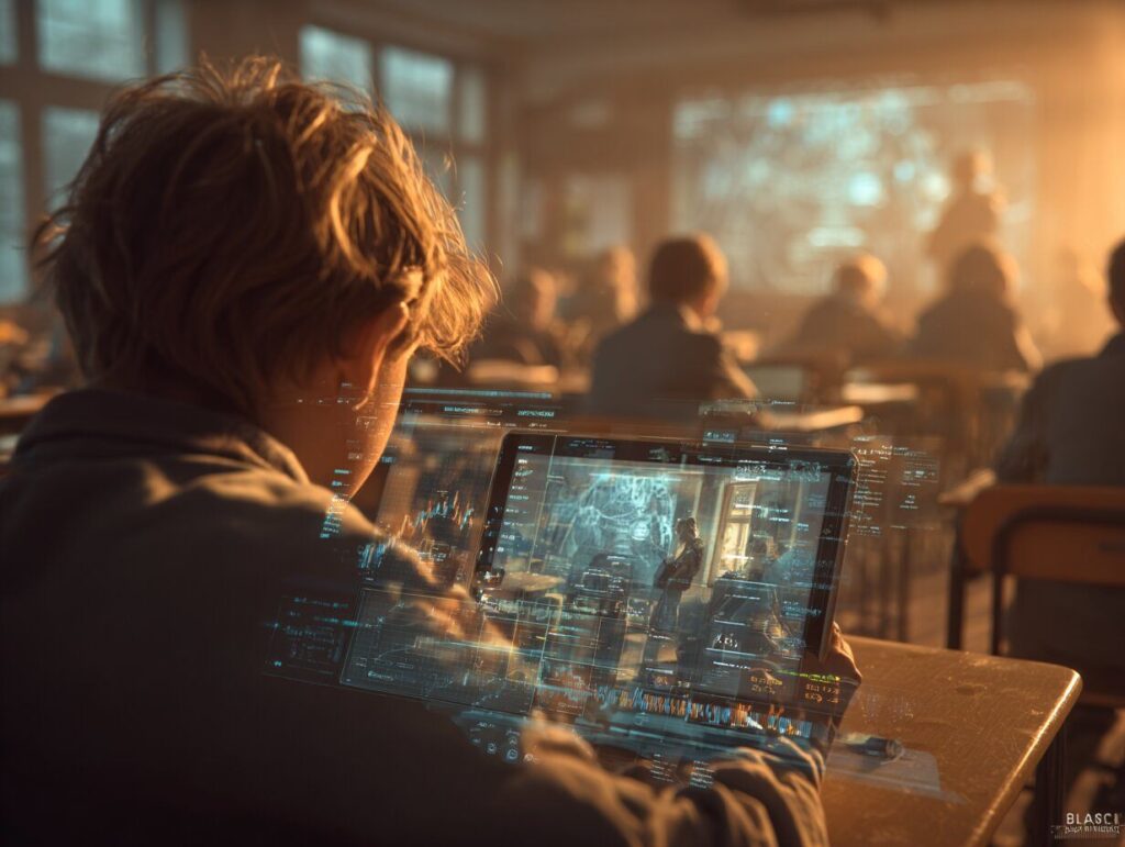 A classroom-like scene with a young adult learning trading on a tablet, a digital mentor avatar projected next to them guiding through steps, warm colors, soft focus background, high-res 3D render, blending digital learning with human presence