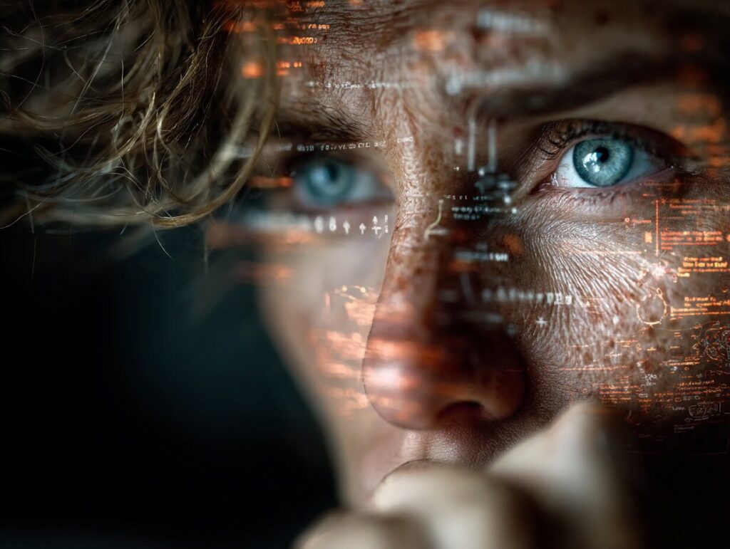 Close-up of a trader’s face deep in focus, with a semi-transparent overlay showing their thought process: charts, alerts, notes, decisions branching like a mind map, moody lighting with a spotlight feel, human intelligence meets strategy visualization