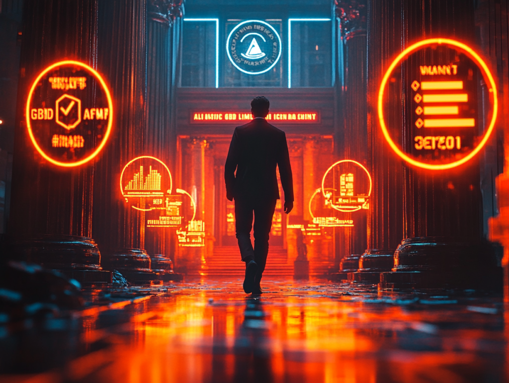 A trader walking confidently across a digital path made of compliance icons (AML, GDPR, crypto law, leverage limits), surrounded by glowing pillars labeled with different global regulations, visual metaphor for staying informed and secure, clean fintech style, cinematic light, symbolic and professional, 4K"