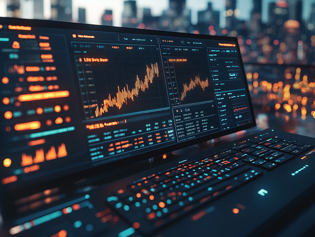 futuristic trading dashboard glowing with real-time alerts, live economic indicators (like CPI), curated news headlines, and social media sentiment streams, surrounded by a fast-moving digital market background, sleek UI design, clean blue tones, cinematic glow, 4K resolution, high-detail concept art