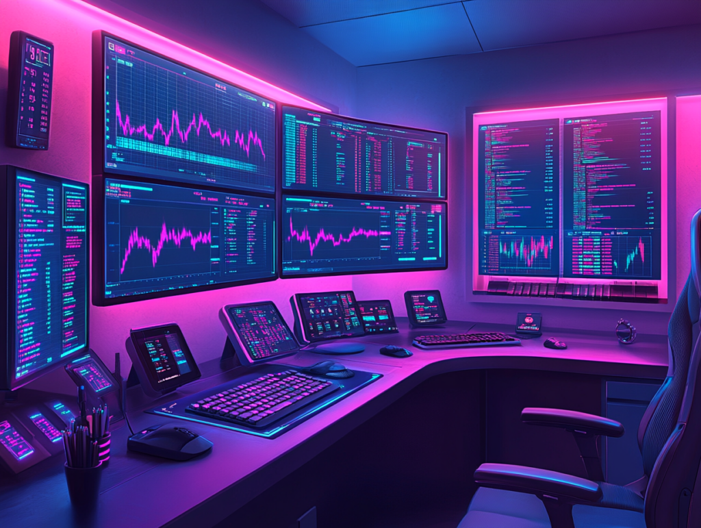 A vibrant digital gaming environment merged with a trading interface, featuring a leaderboard, achievement badges, interactive trading tutorials, glowing charts and stock tickers, users competing in a tournament-style simulation, playful yet professional vibe, neon colors, futuristic UI, 4K resolution, high-detail digital art