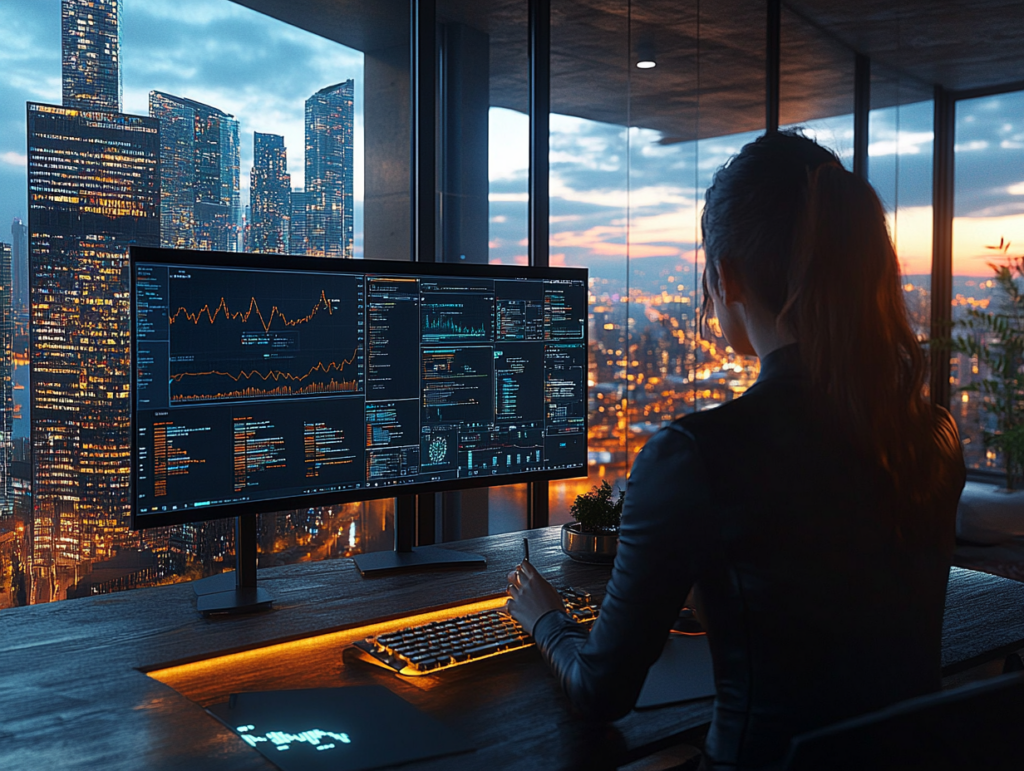  A working professional (woman) in a modern apartment, one screen showing marketing work and another with a minimalist trading dashboard powered by AI and insights, ambient lighting, early evening, a peaceful but focused atmosphere, showing dual commitment to career and trading, high-detail cinematic style, 4K