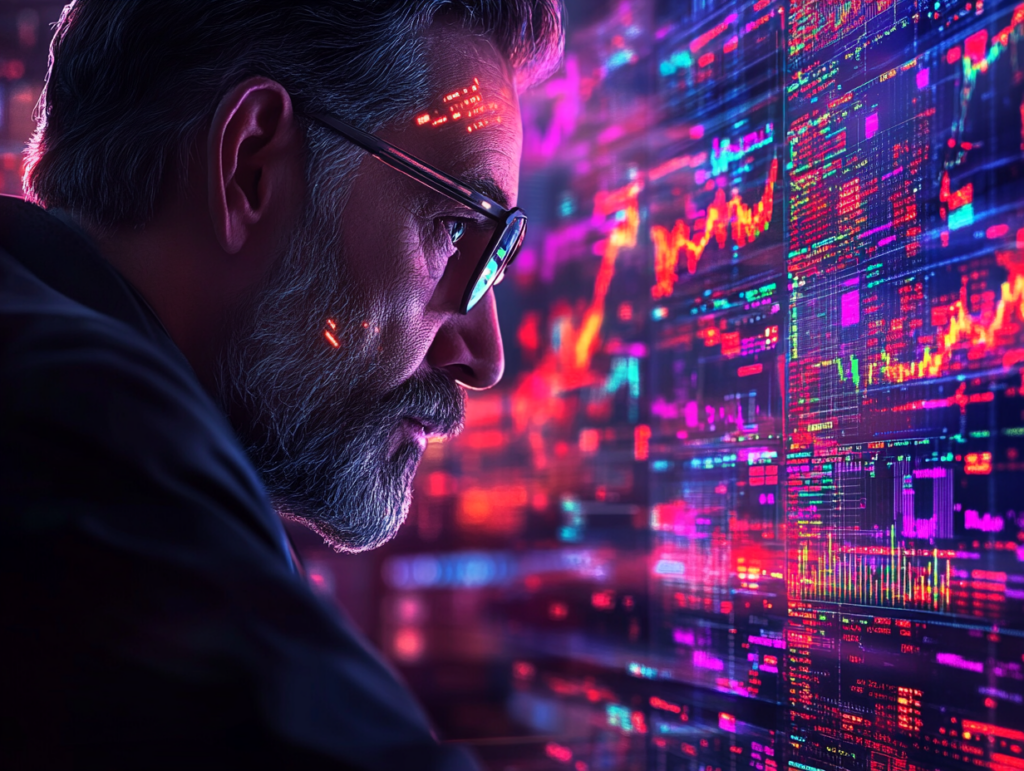  A focused trader in a sleek, modern workspace surrounded by holographic displays showing market overviews, asset-specific charts, social sentiment feeds, and forward projections, real-time data streams updating, warm glow of confidence on face, cinematic style, ultra-detailed digital painting, 4K resolution