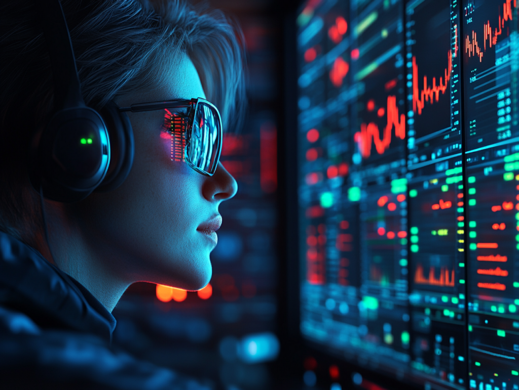 A trader using a sleek, high-tech trading simulator surrounded by holographic market data, charts, and real-time price movement simulations, red and green candlesticks reflecting live scenarios, calm focused atmosphere, futuristic user interface, blue glow, digital art, 4K high-detail concept