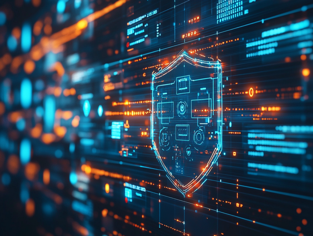 A trader’s account protected by a glowing digital shield made of encrypted code, behind a secure trading interface showing two-factor authentication, security alerts, and lock icons, futuristic fintech design, blue and silver color tones, secure vault background, high-detail, 4K digital art