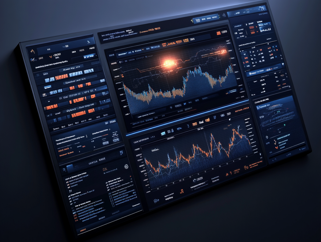 A sleek, futuristic trading dashboard displaying a personalized financial news feed, categorized by portfolio relevance, real-time alerts glowing on key assets, user profile syncing with headlines, charts reacting to breaking stories, clean UI with blue and white tones, cinematic lighting, digital concept art, 4K resolution