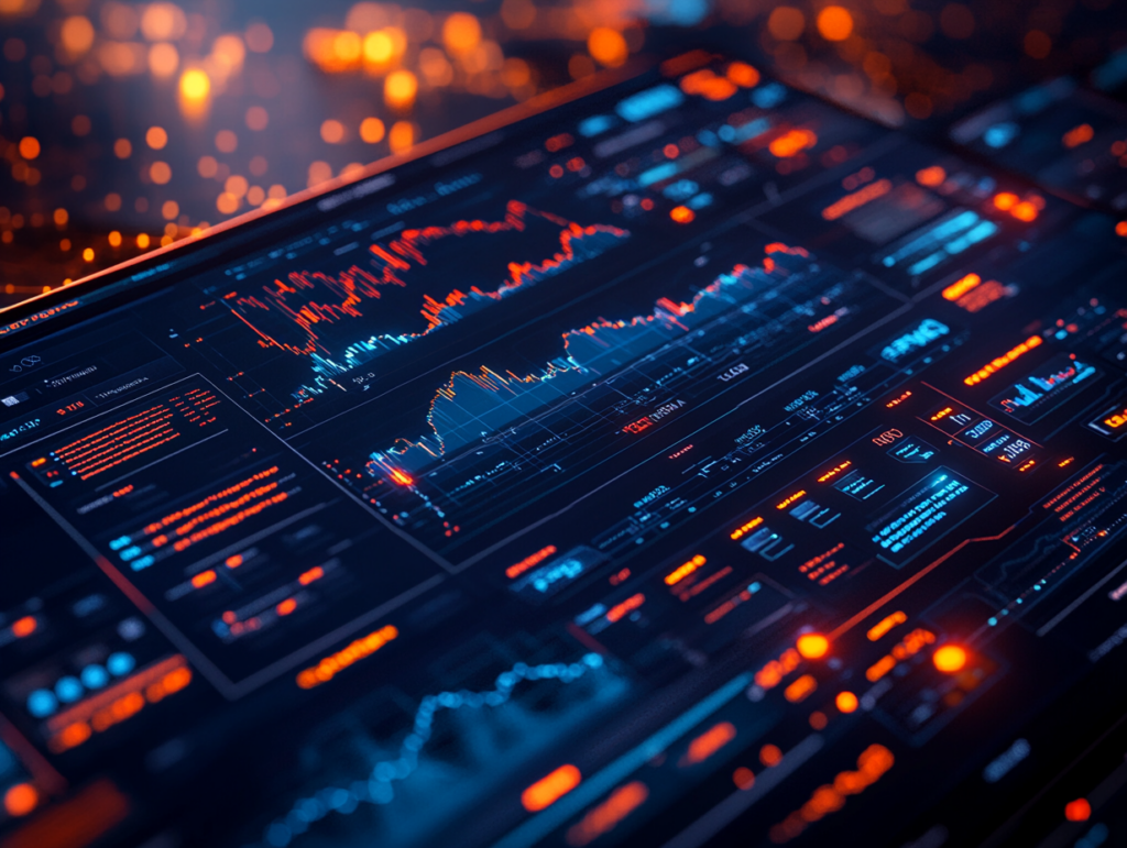 A futuristic trading dashboard powered by AI, showing real-time charts, adaptive learning modules, personalized trading tips, and dynamic strategy recommendations, with a holographic AI assistant guiding the user, sleek UI, data streams flowing around, digital art, high-resolution, blue-toned cyber-finance aesthetic