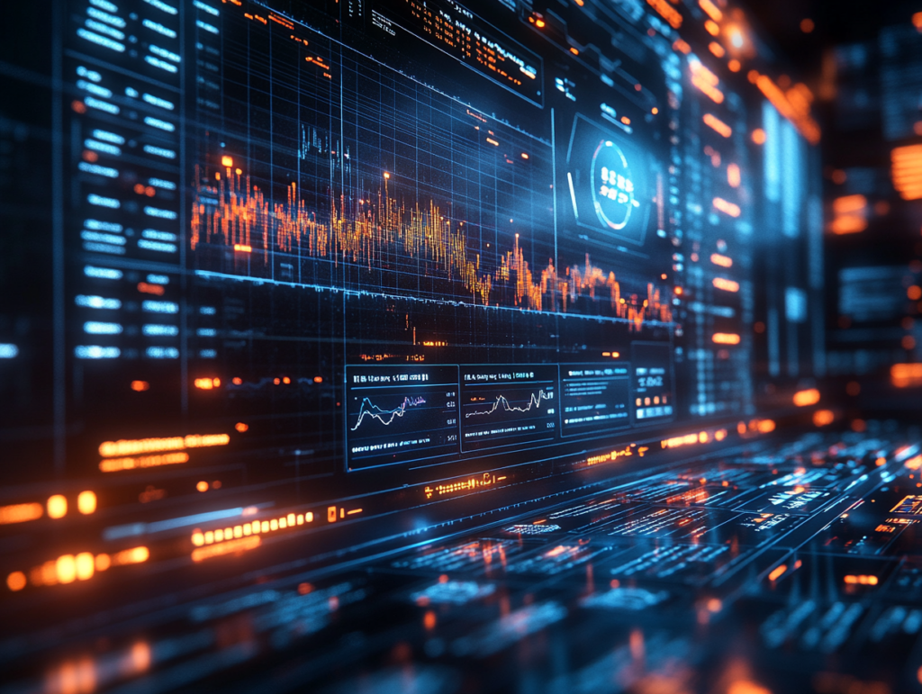 A high-tech trading report interface floating in a 3D digital space, with detailed charts, technical indicators (RSI, moving averages), economic news blurbs, and sentiment graphs all layered in an elegant dashboard, glowing blue and silver tones, futuristic data visualization, ultra-detailed concept art, cinematic lighting, 4K