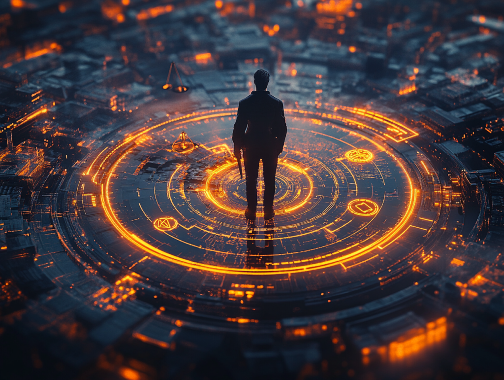  A sleek, futuristic trading platform surrounded by glowing security shields and legal icons (scales of justice, check marks, documents), global network connections indicating compliance with international standards, a confident trader standing inside the secure zone, cyberpunk tech style, digital art, high-detail, 4K