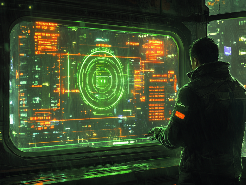  A glowing AI trading system executing trades on behalf of a human trader, showing algorithmic triggers, conditional rules, and autopilot logic flowing through a digital interface, with the trader calmly observing from the side, minimalist cyberpunk style, black and neon green color scheme, digital art, ultra-sharp detail, 4K