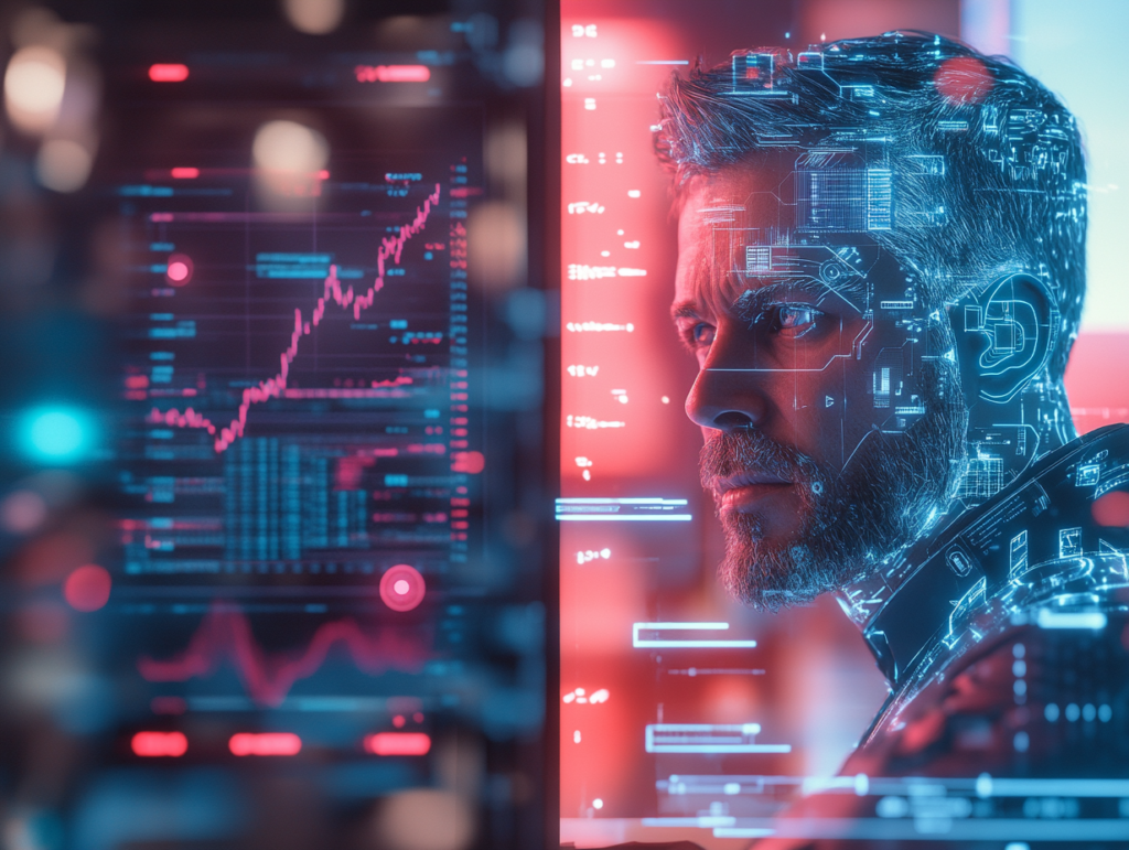 Split-scene image: left side shows a chaotic desk with emotional trader overwhelmed by flashing screens and red charts, right side shows calm trader using TradeMania’s clean, AI-powered interface with clear data, strategy builder, and automated insights, cool blue tones, sci-fi realism, professional digital art, 4K