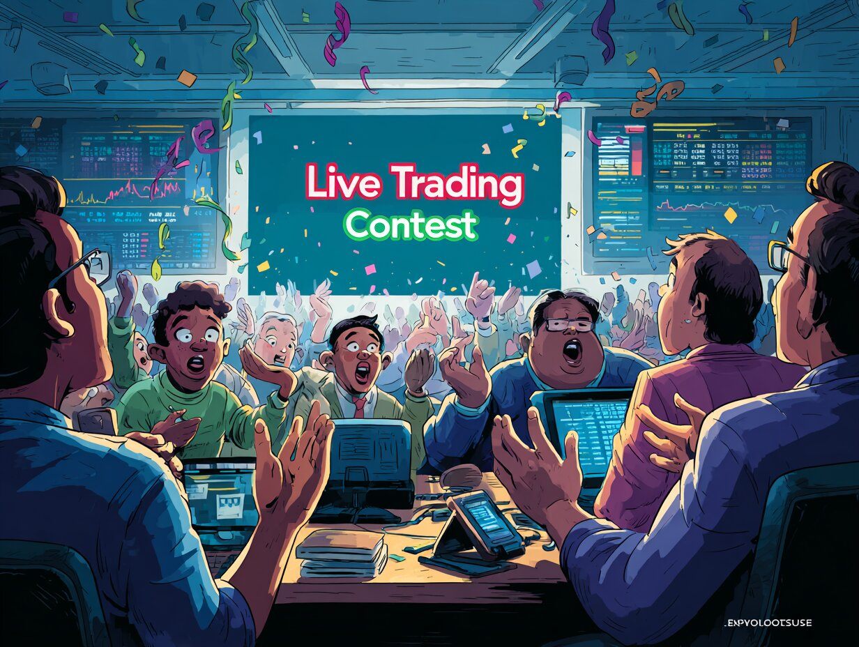 A group of diverse young traders in a modern room, all reacting with excitement as a large screen displays "Live Trading Contest Begins Now!" Confetti, clapping, and happy energy fill the scene. Devices show countdowns and tickers. This conveys the anticipation and social thrill of joining a live event.