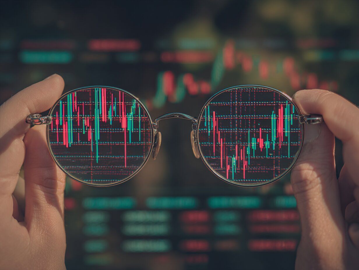 Close-up of a user’s hands making a trade on a trading interface. Reflections of moving candlestick charts on their glasses. A calm, focused vibe with hints of progress and learning.