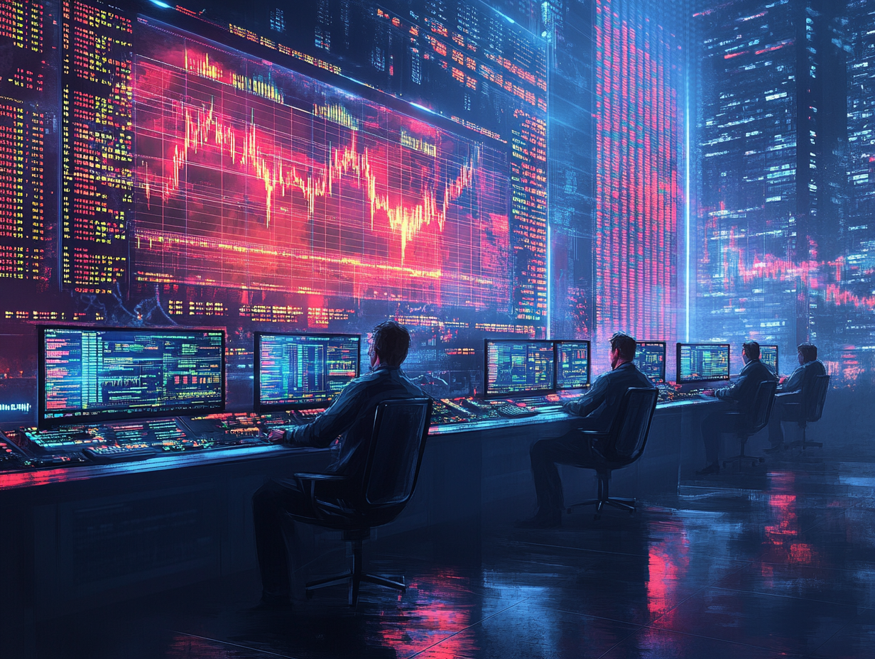 A digital arena with multiple traders at futuristic terminals, all facing a glowing leaderboard ranking their performance, dynamic charts and indicators floating around each station, intense atmosphere, neon lights, esports-meets-fintech vibe, high-resolution, cinematic 4K concept art