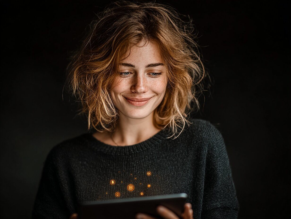 A young woman casually trading on a tablet with a joyful expression around her, the trading interface appears as intuitive floating icons she effortlessly interacts with, clean background, minimal distractions, emphasis on ease-of-use, warm lighting, 3D realism