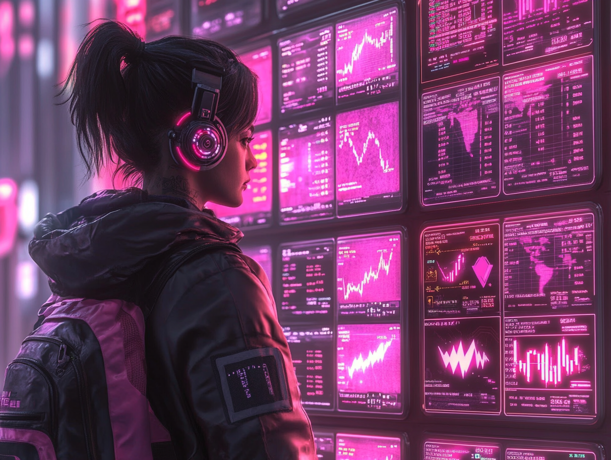 A trader standing before a vault-like wall filled with glowing digital rewards--market reports, multiplier icons, tournament entry passes, and XP stars--each unlocking as they level up, sleek, gamified interface with sci-fi flair, vibrant lighting, digital painting style, 4K resolution
