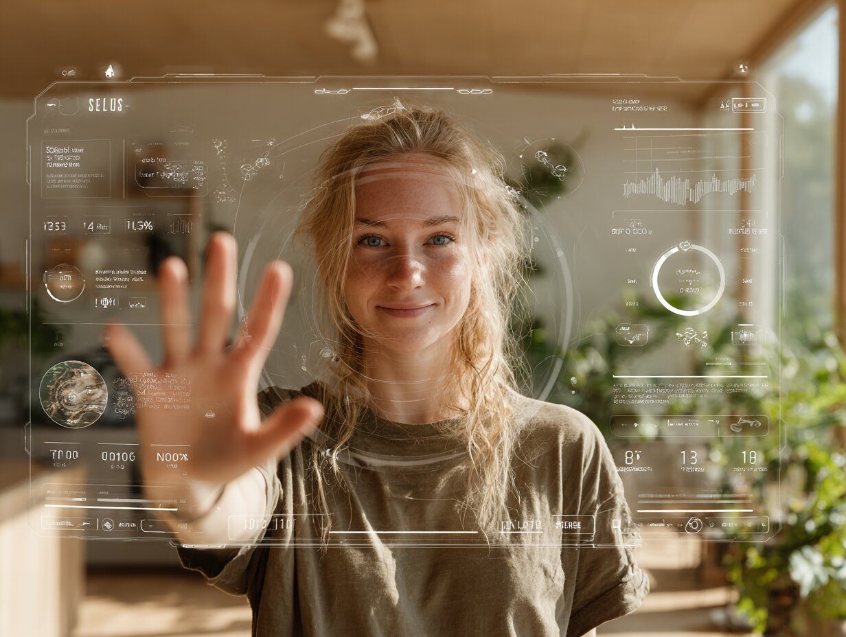 A smiling young professional exploring a futuristic holographic trading dashboard, simple clean design with intuitive icons floating in mid-air, clearly labeled tools like "Buy," "Sell," "News," and "Learn," cozy home office setting, natural daylight, 3D render with warm tones, symbolizing ease of use