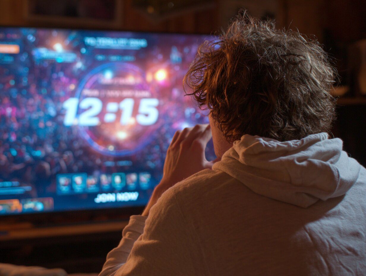 A young adult sitting in front of a screen displaying a vibrant countdown to a TradeMania trading tournament, their hand hovering over a glowing "Join Now" button. The screen shows live participants joining in real time. The person looks eager, the room subtly lit by the screen glow,