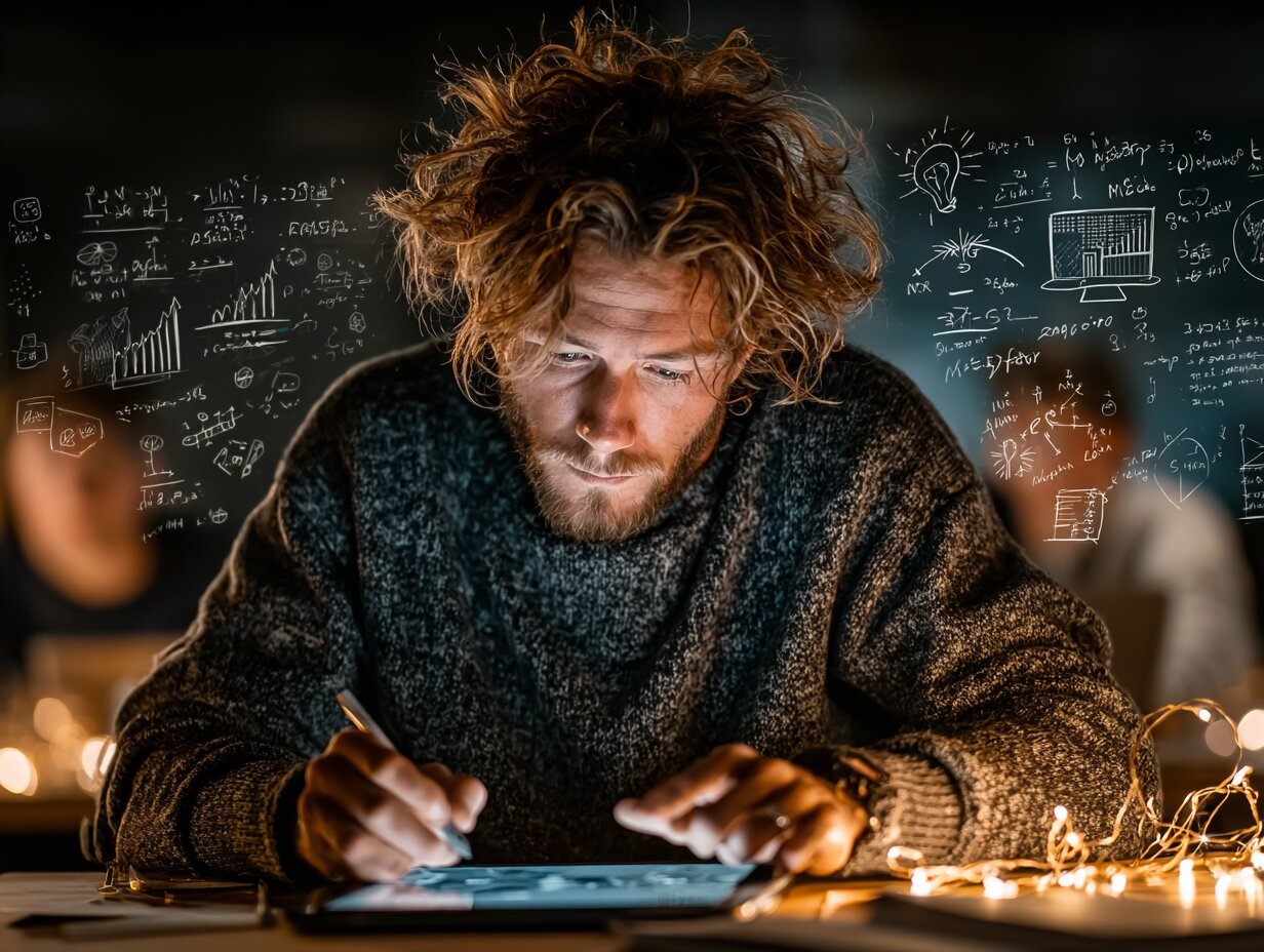 A young adult sits at a school desk, but the desk is in a modern digital classroom the chalkboard behind them is filled with trading charts and strategy notes, glowing educational icons float mid-air around them, a focused expression on their face as they take notes on a tablet, cinematic 3D render, realistic lighting