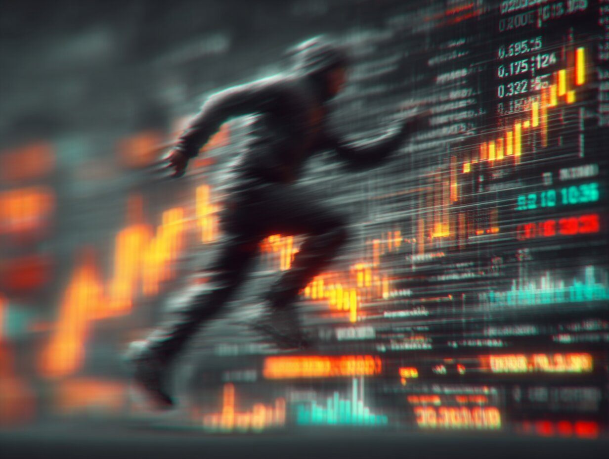 A person running on a futuristic digital treadmill made of stock charts and glowing data streams, each step lighting up with market icons and rewards, surrounded by holographic graphs energetic motion blur, bright colors, ultra-realistic 3D render