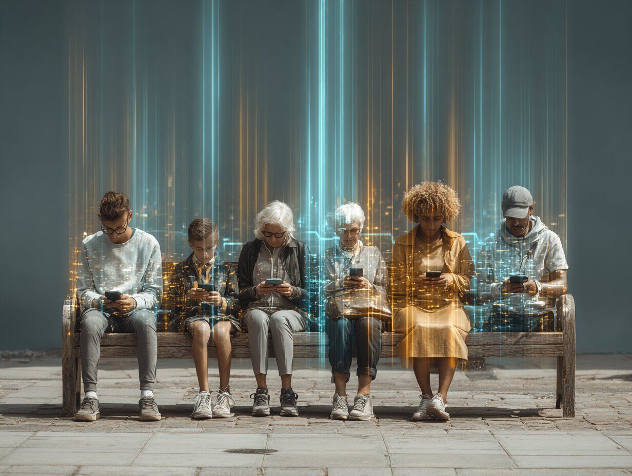 A diverse group of everyday people a teenager, a retiree, a young woman, and a delivery worker all sitting on a park bench using phones and tablets, trading comfortably in a shared space, trading graphs subtly integrated into their screens, bright welcoming atmosphere, realistic 3D render, symbolizing trading for all walks of life