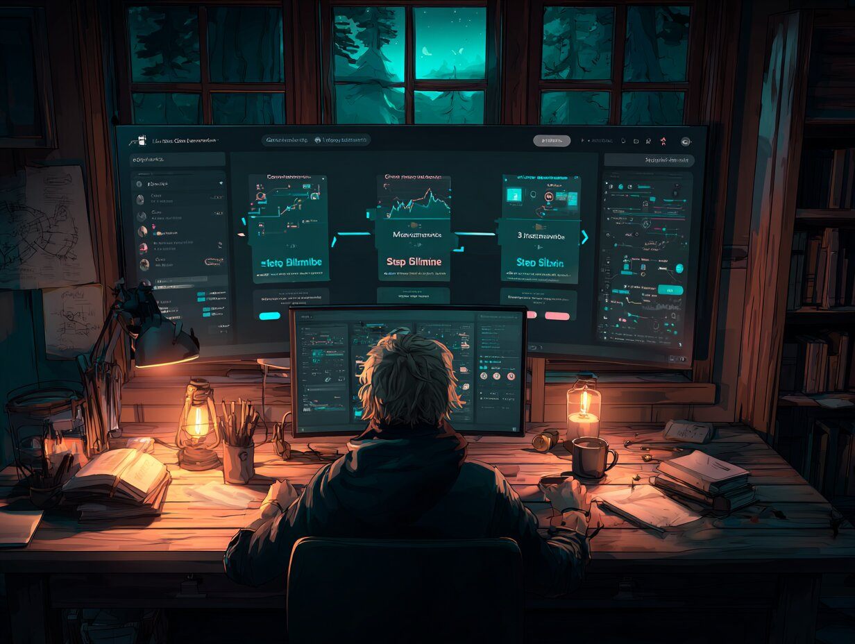 A new trader sitting at a desk with a digital beginner’s roadmap glowing on their screen icons like "Step 1: Learn," "Step 2: Simulate," "Step 3: Compete," simple, friendly UI, books and coffee nearby, cozy lighting, educational yet approachable mood