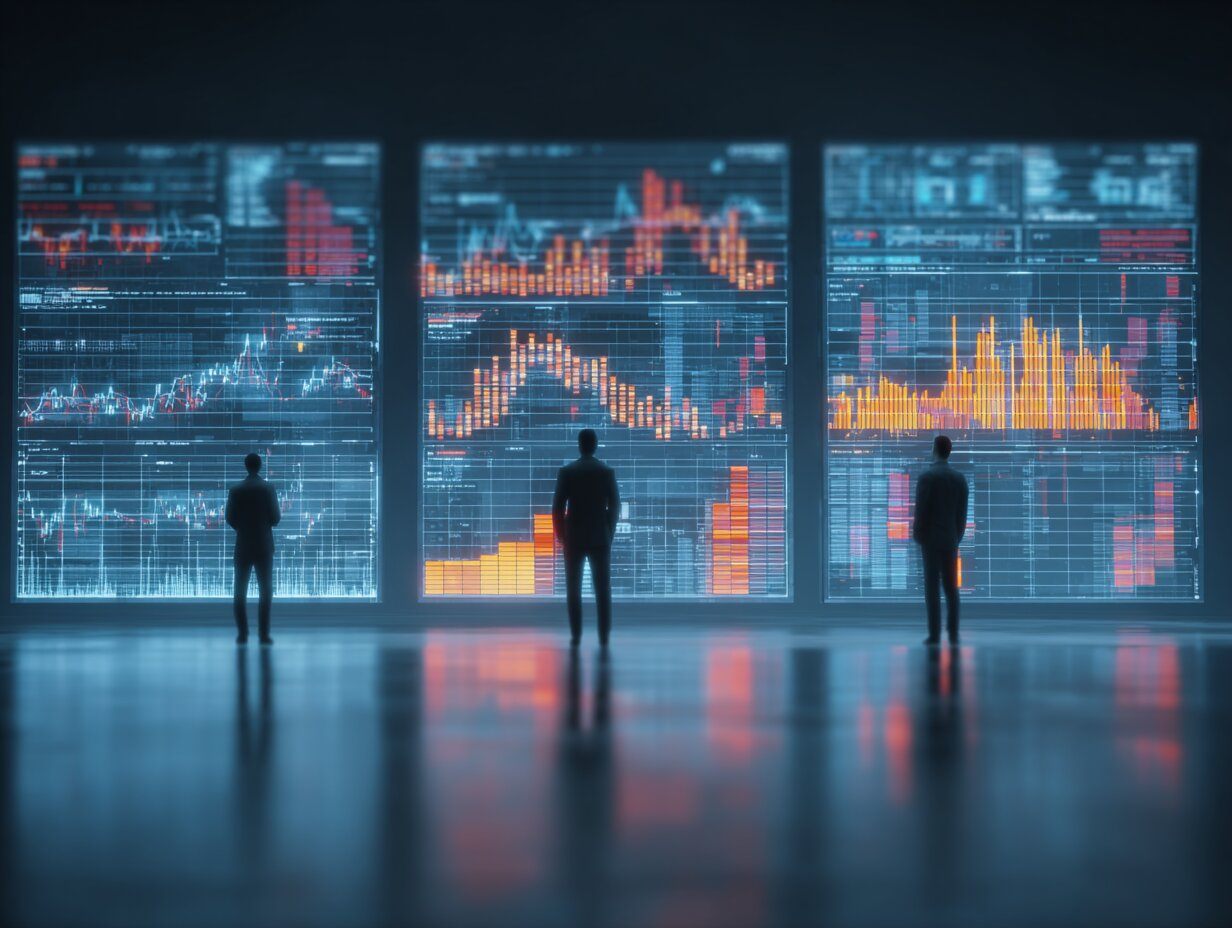 Three confident traders standing in front of large digital displays showing their strategies and wins, each screen customized to their unique style (day trading, swing, options), sharp detail, 3D depth of field, a peek into elite trader mindset