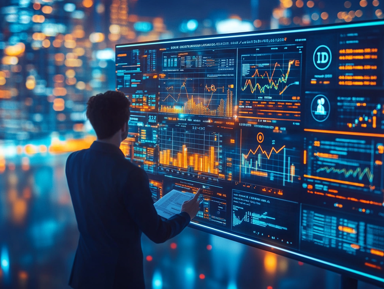 A futuristic trading dashboard with legal documents, verification icons (ID check, shield, GDPR lock), tax notices, and transparency charts integrated into the interface, glowing warnings and checkmarks, trader calmly reviewing updates, blue and gray professional tones, modern fintech concept art, ultra-detailed, 4K resolution"