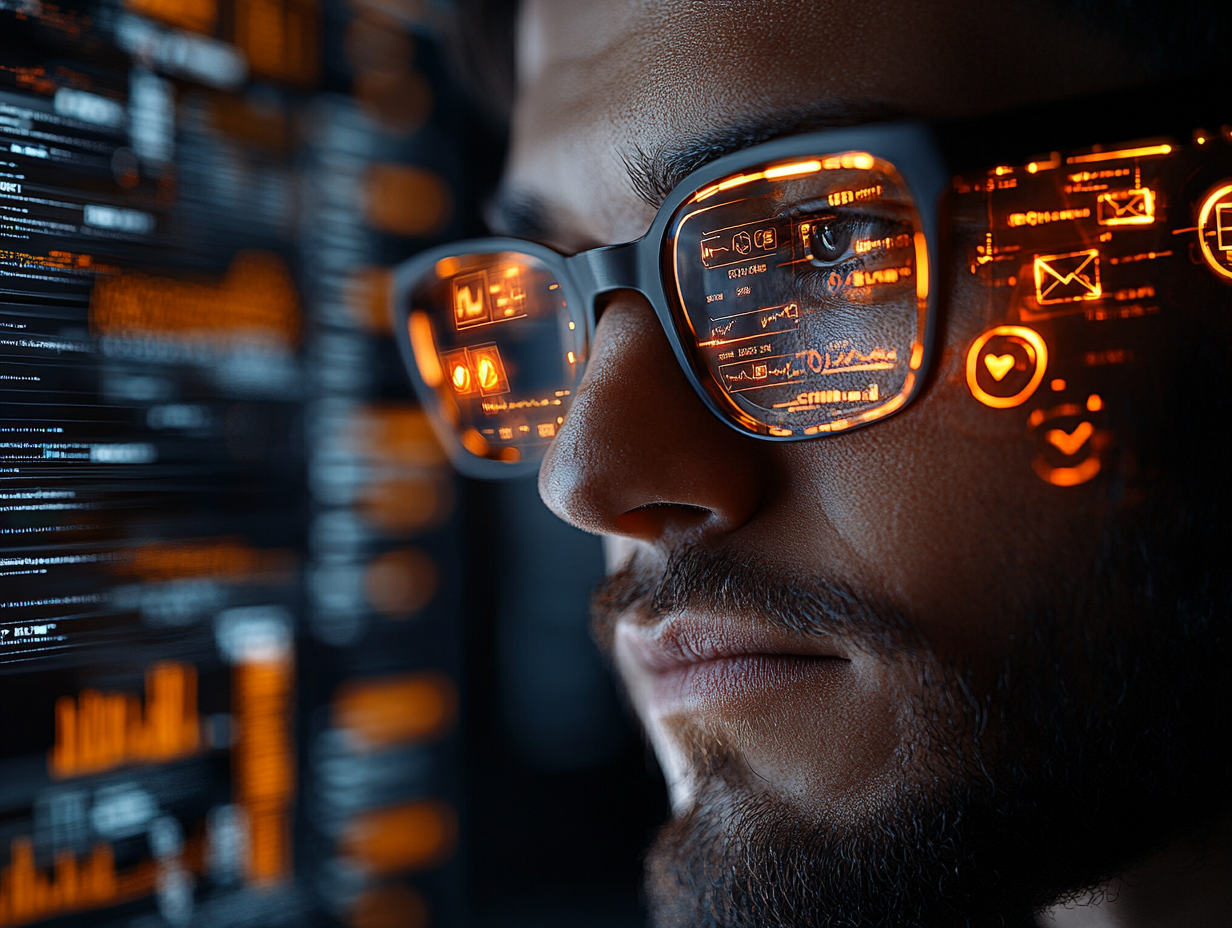 A trader connected to a high-tech neural data stream, with real-time data flowing into their vision icons of Twitter, economic indicators, political events, and market sentiment wrapping around them, motion blur on competitors falling behind, concept of speed and competitive edge, dramatic lighting, ultra-detailed digital art, 4K