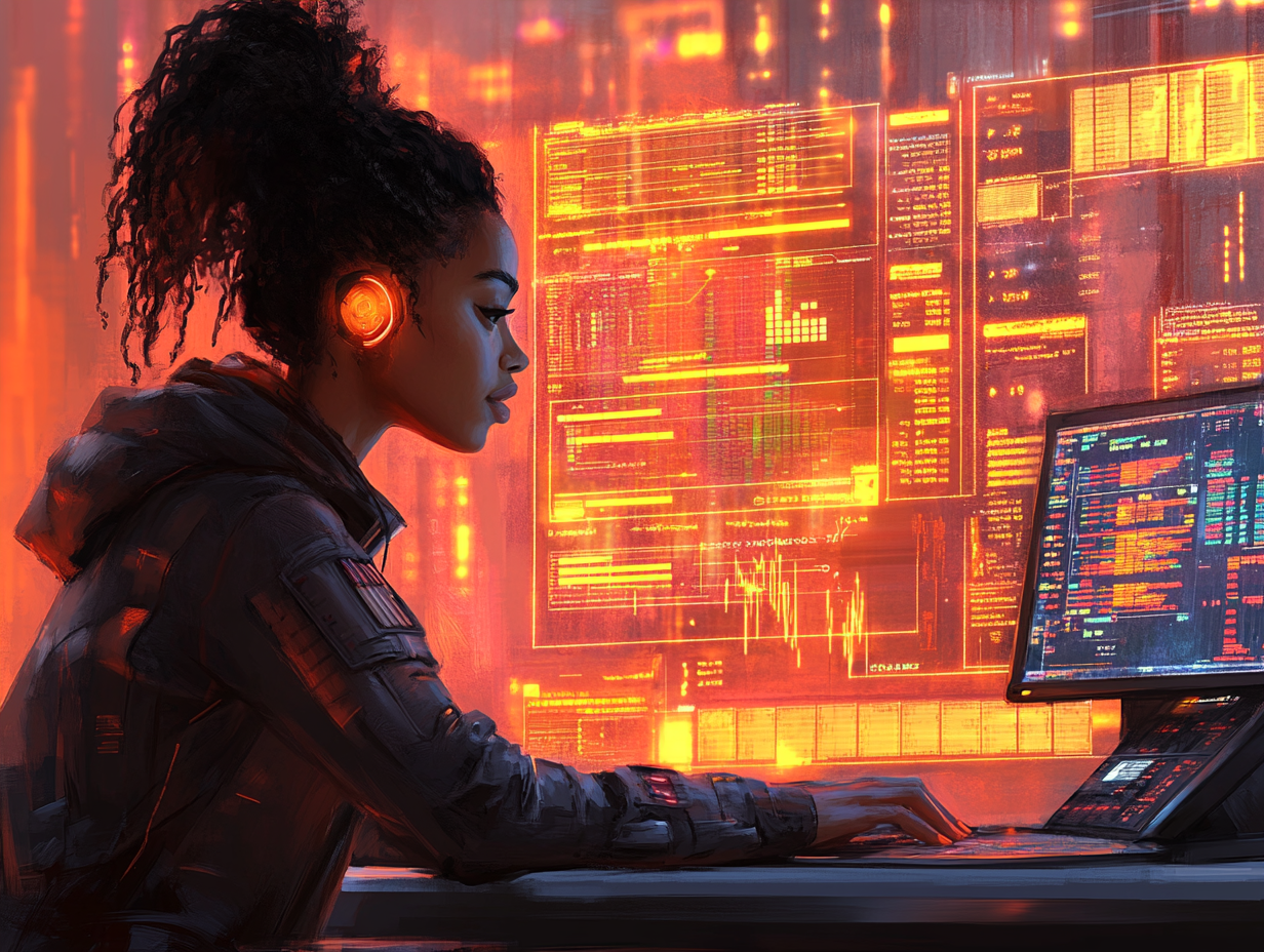A woman sitting at a sleek digital trading terminal, with a holographic timeline showing her progression from a nervous beginner to a confident trader managing her own portfolio, bright learning modules and simulation charts floating around her, warm ambient light, uplifting and empowering tone, high-detail digital painting, 4K resolution