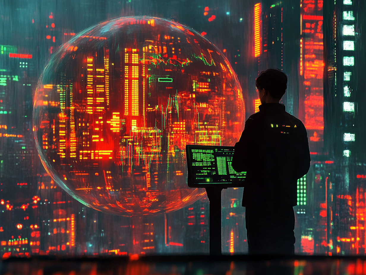 A new trader standing confidently inside a safe transparent bubble while volatile markets move outside--candlestick charts and news flashes swirl around, but the trader is experimenting calmly with different strategies on a digital trading console, symbolic of learning through simulation, cinematic digital concept art, high resolution, 4K