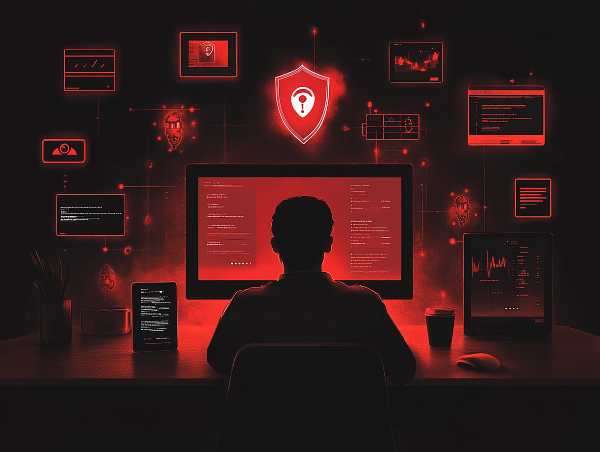A user sitting at a computer surrounded by warning icons, antivirus shields, secure browser prompts, and a mobile device displaying an authenticator app, phishing threats fading into the background, symbolizing awareness and proactive protection, modern cybersecurity concept art, 4K