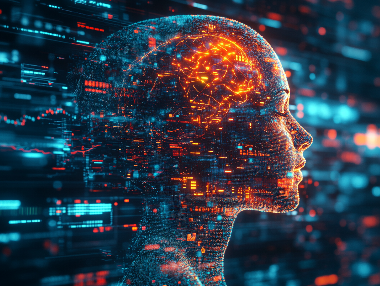 Side profile of a human head transforming into a glowing digital brain with flowing data, charts, and trading graphs inside, symbolizing continuous learning and AI integration, background features dynamic stock market visuals and neural network overlays, futuristic concept art, sharp detail, cinematic glow, 4K