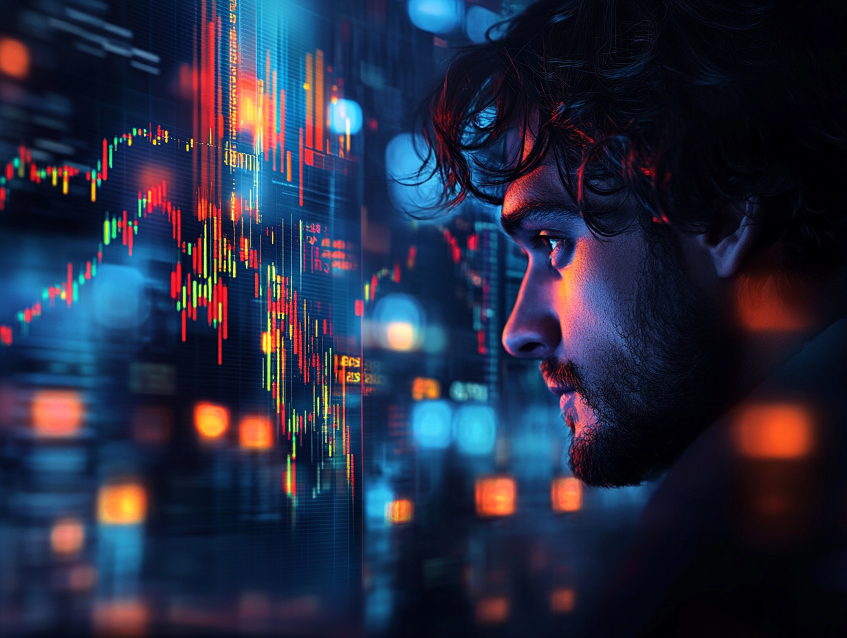 A focused trader in a sleek, modern workspace surrounded by holographic displays showing market overviews, asset-specific charts, social sentiment feeds, and forward projections, real-time data streams updating, warm glow of confidence on face, cinematic style, ultra-detailed digital painting, 4K resolution