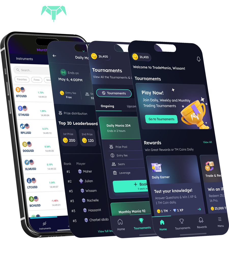 TradeMania & Eureeca logos - multiple app screens on iphone