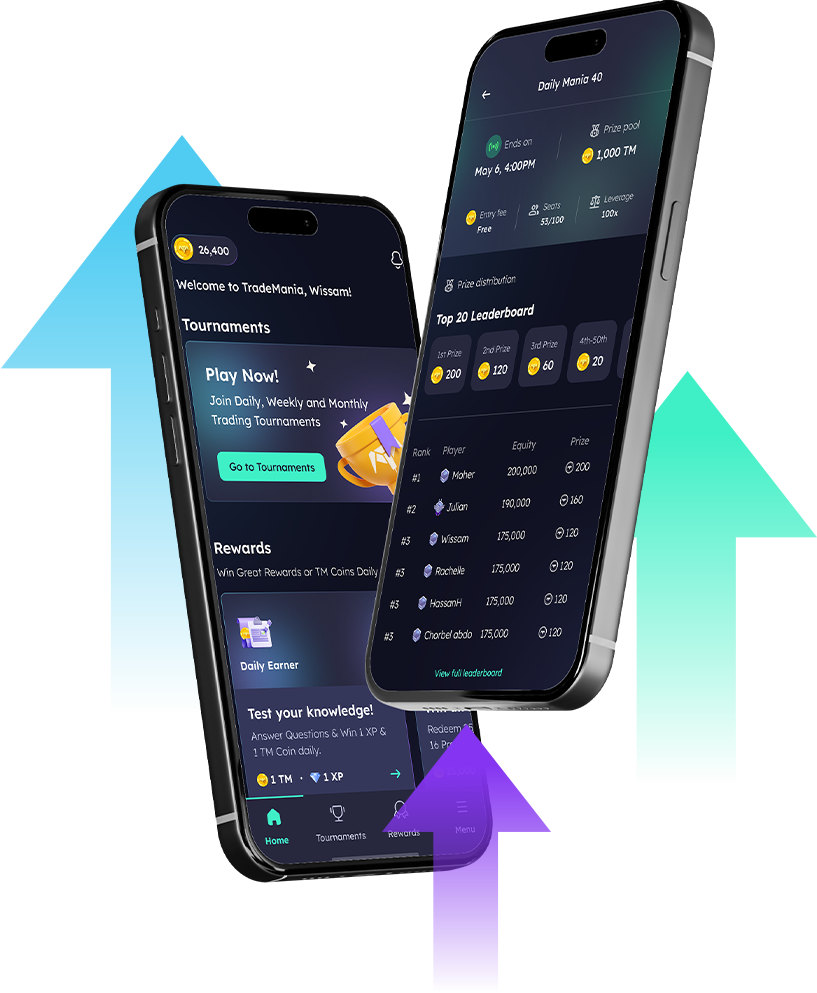 TradeMania showcase on two devices with arrows pointing upward