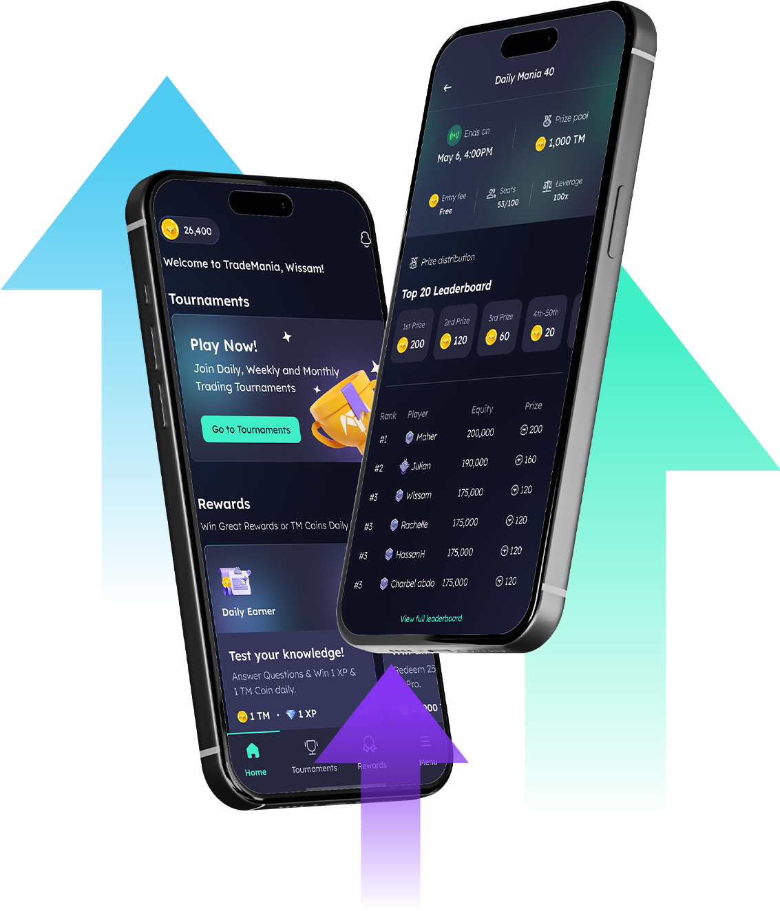 TradeMania showcase on two devices with arrows pointing upward