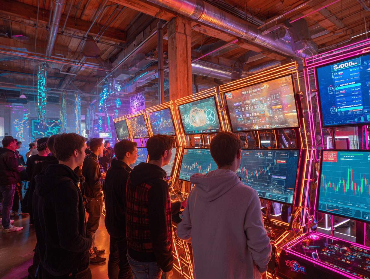 A colorful, arcade-style trading tournament zone filled with people at interactive screens. Each station flashes stock charts and scores; avatars, rankings, and animated effects fly across digital walls. The energy is vibrant a playful yet intense mix of trading and gaming.